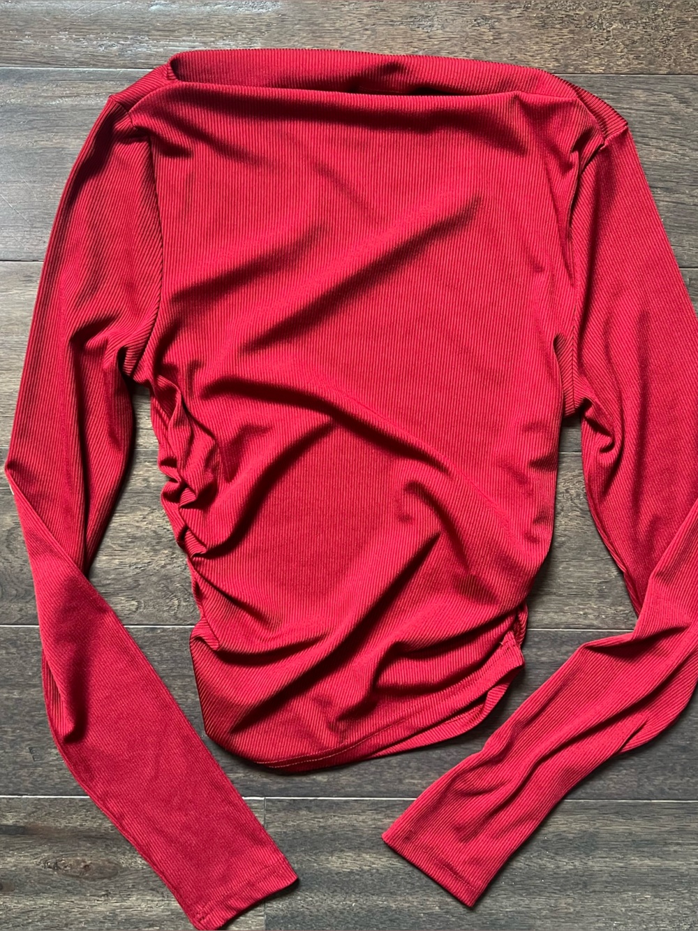 Cider Ruched Off Shoulder Long-Sleeve Ribbed Top